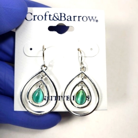 Croft & Barrow Silver-Tone Double Hoops Green Stone Fishhook Drop Earrings 1.5" - Picture 1 of 6